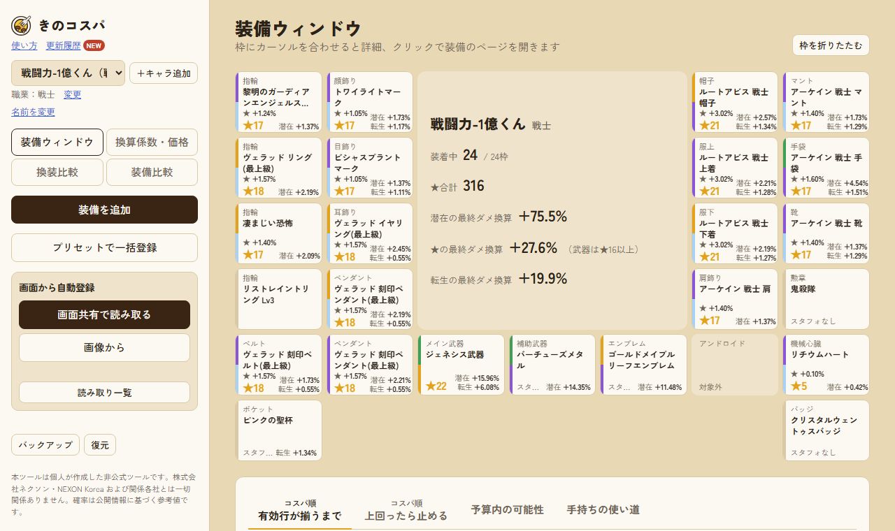 装備ウィンドウの画面。装備の枠ごとにスターフォースの数と、潜在・転生の最終ダメージ換算が並んでいる